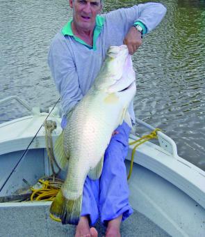 Jeff Reid not only knows how to make lures, but how to use them as well, as this 15kg plus barra shows.