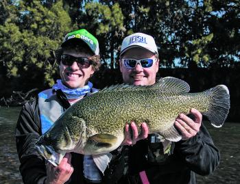 Rhys Creed and Paul Worsteling with a winter Murray cod caught last year in the Murrumbidgee River while filming.