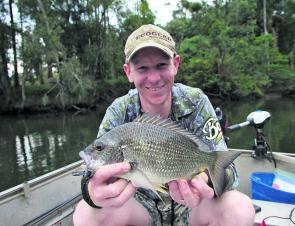 Cicada lures have been the gun lure in the freshwater for bass and in the upper estuaries for bream. Peter Byron got to sight cast his cicada lure to this topwater bream.