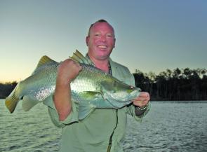 The author caught with one of Monduran’s not so monster barra. Again, better than nothing.