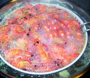 Prawns brought to the boil.