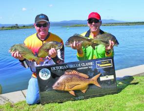 Winners are surely grinners, Team TyrePower JigPro’s Dean Gamble and Mark Cribbes display their champions trophy and a sample of the bream that handed them victory.