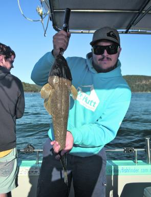 Quality flathead like this one are being caught on Pittwater’s deeper dropoffs on micro jigs.