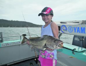 Anna with her first mulloway, caught on Pittwater on a squid head whilst drifting.