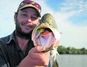 This slow retrieved lure was engulfed as it was twitched past a deep snag.