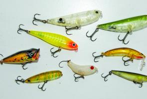 A selection of top bream lures, most of which resemble a prawn in the water.