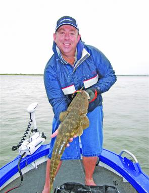 Shayne McKee landed this 73cm flathead that had earlier gained its freedom from a Gulp Jerkshad wielding angler!