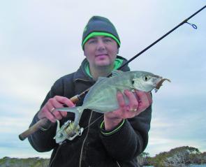 This is the typical size of the trevally that have been caught this month. This one fell to a Berkley power minnow in pumpkinseed.