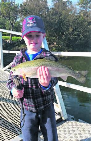 Young Levi Biles with a great pondage rainbow. Fish up to 5kg have been taken in the pondage recently thanks to recent stocking. 