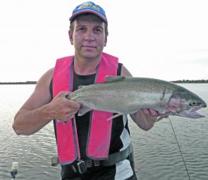 The author with a cracking 2.4kg rainbow trout from Deep Lake.