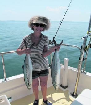 Spero's wife with a couple of quality spotty mackerel. The spotties have been great and the Spaniards have also been about in good numbers.