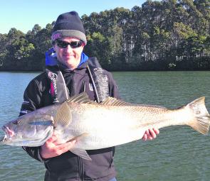 Bernie Davies with a lovely mulloway caught on a 90mm Squidgy Wild Prawn scented up with Sax Scent.