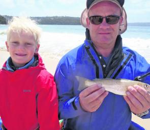 Daniel Dekell and son Noah, 5, had some fun with whiting on Balmoral Beach.