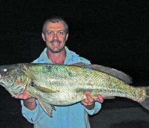 Karl Attenborough with a lovely 90cm mulloway caught off the rocks on a 7” Gulp Jerkshad.