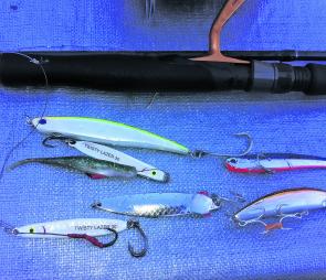 Most lures for these super-light beach outfits range from 8g-40g. Left, from top, Duo Press Bait HD, Twisty Lazer 30 with soft plastic on assist hook, 30g Toby and Twisty Lazer; right, Duo Beach Walker, Ima Gyodo Heavy Surf. 