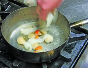Blanching the scallops and calamari – just straight in and out.
