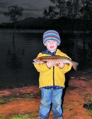 Brodie Gowans with his biggest fish to date, a ripper rainbow he caught on Powerbait at Lake Fyans.