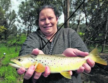 Lauretta Alexander had been enjoying catching trout in the swollen streams this season, landing this nice fish on a lightly-weighted bunch of worms. 