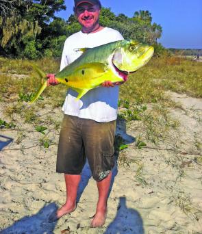 This exceptional golden trevally was caught on a pilchard soaked in tuna oil off the beach by Cooroy local Rob James. 