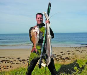 Jordan Hill with a great 4.6kg gummy shark and 1.8kg snapper from Bass Strait.