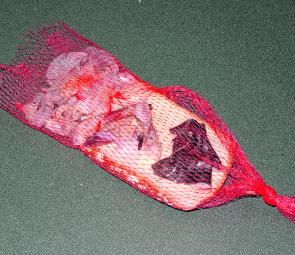 A mesh onion bag, with some prawn shells, fish skins, and bread crusts amounts to a simple yet very successful berley mix and delivery system. Tie off the top of the bag with string and you can hang it over the back of the boat. Putting a rock (or fish he