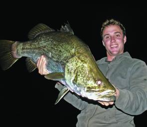 Barramundi should be biting well at Peter Faust Dam – this 110cm was caught casting in a shallow bay filled with weed.