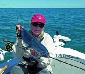 Denise Kampe with a fair mac tuna, which was great sport on her 9wt fly outfit.