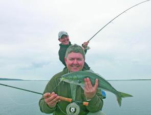 Craig and Chris Henderson from Melbourne have some fun with salmon on fly and soft plastics.