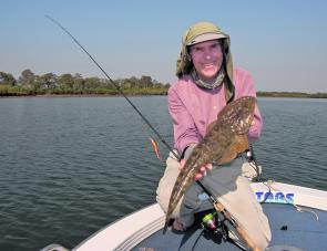 This fishing at Baffle Creek is fantastic fun with catches like this great flathead.