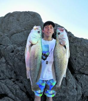 Nathan Medland with two mulloway of typical size for most captures this month.