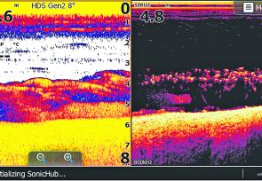 Last month we saw only the basic sonar image (left) of this reading, showing a dense layer of ‘something’ extending a good 2.5m up from the bottom in 5.6m of water. Snags? Weed? Fish? We could only guess. This month I’ve included the high definition, narr