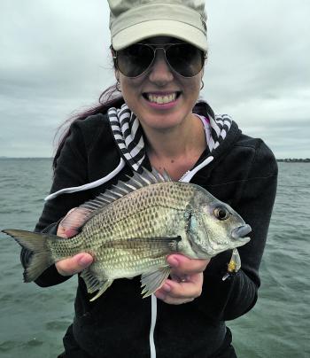 The author’s wife caught this bream on a shallow running hardbodied lure.