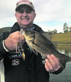 Michael Fox with his first impoundment bass. He cast 3/8oz spinnerbaits using the Tairyo Megaspeed light spin rod. He managed a number of fish, slow rolling the spinnerbait along the weed edges at Maroon Dam.