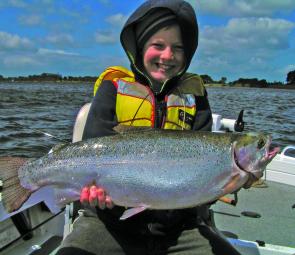 Ben Jeffries with his 3kg Lake Bolac rainbow trout on an Ecogear SX40. Photo courtesy Shane Jeffries.