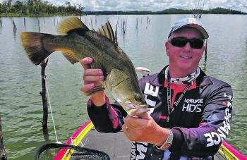 Mackay’s dams are thick with barra and Geoff Newby was very pleased with this healthy fish taken slow rolling a black and gold Squidgy out from a small point.