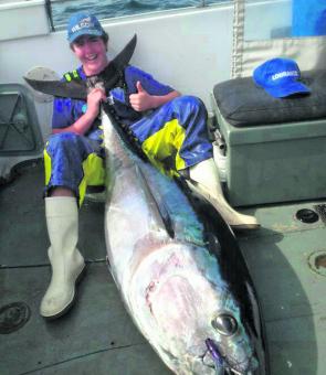 Lochie Nichols with a 104kg jumbo SBT taken aboard Big Pig at Eaglehawk Neck. Lochie took over the fight after the crew became worn out fighting the beast.