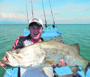 The waters have been a little warmer this year and most of the barra action has been in the shallows. Berkley boss John Bell with a metre-plus fish taken on successive casts.