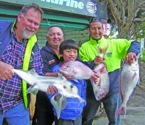 Trevor, Pino, Dylan and Nick with a recent haul in 20m off Carrum. The elephant fish was 2.5kg and the three snapper are to 2.5kg.
