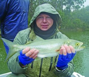 Paul Henry with a tailor caught well upstream. Many jigheads were lost to these culprits.
