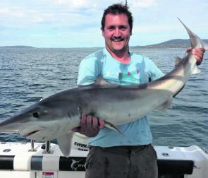 A notable catch! Matt Luscombe with a school shark taken from the channel off Rye.