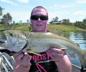 Brown trout in the lake are naturally spawned and get to impressive sizes. This one slammed a Ballista Lure trolled near Bonnie Doon.