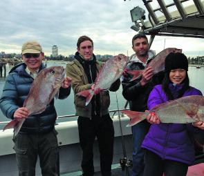 An unexpected late season feeding frenzy in the shallows at Port Melbourne resulted in some fine snapper for clients of Melbourne Fishing Charters. 
