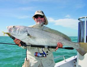 The author shows off his best Prong capture to date, 16kg of black jewfish landed on his reef ‘finesse’ combo; a lightweight Saltiga outfit.