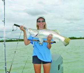 The mouth of the Smithburne River produced this beautiful stainless steel-like, post wet barra.