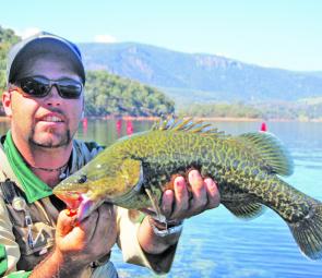 Small Murray cod, like this one caught from the bank at Blowering Dam’s wall, can be caught all day long through Winter. But if you’re after one of those giant fish you’ll need to rug up and fish after dark for your best chances.