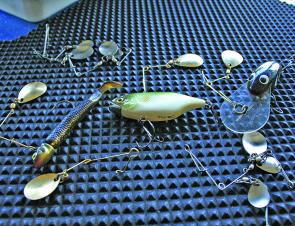 There are plenty of options when it comes to rigging beetle spins. These blades with wire frames can be clipped onto different lures to add flash and vibration. The most popular way to fish them is rigged with a paddle tail plastic like the one on the lef