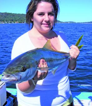Emma with her 76cm kingfish that inhaled a prawn. Kings start to become less picky in their eating habits this month.
