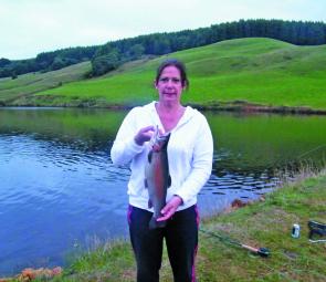 Lisa Eggelstone with a good result of a session at the Natone Hills Fly Fisher, a great place to learn the art of the fly.