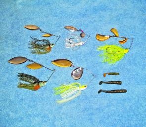 A selection of spinnerbaits, from the smaller size (middle top) for sooties and creek bass, to larger ones for cod. Crush the barbs down and you are ready to go bankside wandering. The triple blade Gambler is top right, the double willow is bottom right, 