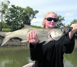 Even though it wasn’t a barra, Karen Richardson was pretty chuffed with this great blue salmon caught drifting a live prawn onto the edge of a hole. This was the first of several caught on both bait and lures.